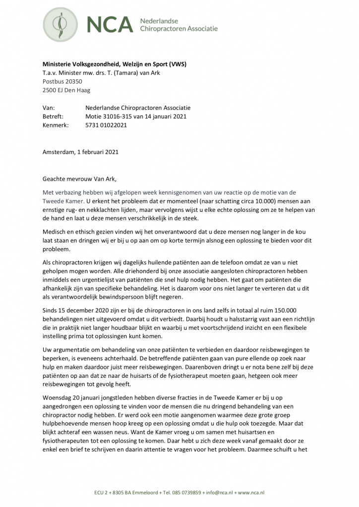 NCA brief aan minister T van ARK (VWS) inzake uitvoering motie 31016-315